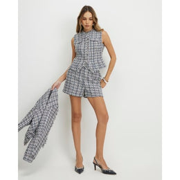 Blue Boucle Fringed Trim Shorts