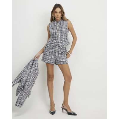 Blue Boucle Fringed Trim Shorts