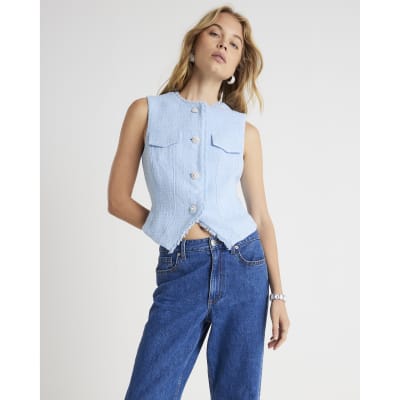 Blue Boucle Sleeveless Fringed Waistcoat