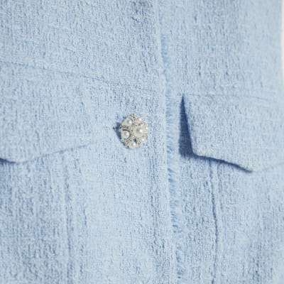 Blue Boucle Sleeveless Fringed Waistcoat