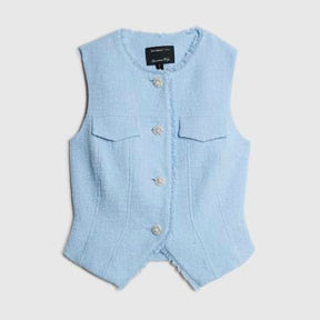 Blue Boucle Sleeveless Fringed Waistcoat