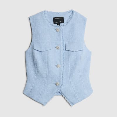 Blue Boucle Sleeveless Fringed Waistcoat