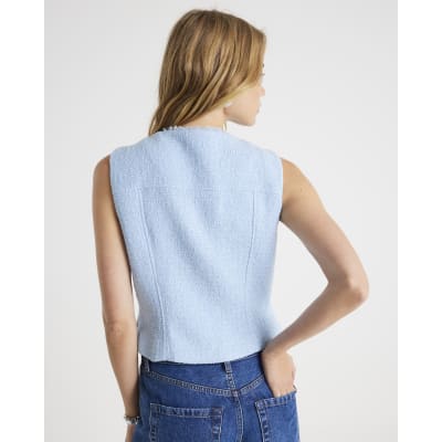 Blue Boucle Sleeveless Fringed Waistcoat