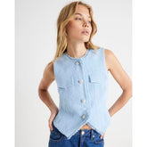 Blue Boucle Sleeveless Fringed Waistcoat