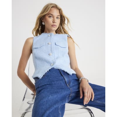 Blue Boucle Sleeveless Fringed Waistcoat