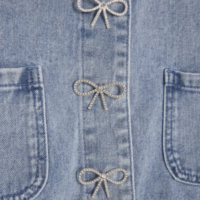 Blue Bow Button Denim Jacket