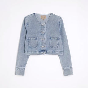 Blue Bow Button Denim Jacket