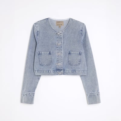 Blue Bow Button Denim Jacket
