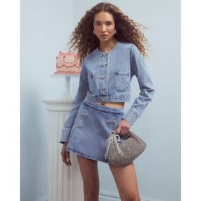 Blue Bow Button Denim Jacket