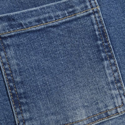 Blue Button Detail Pocket Front Flared Jeans
