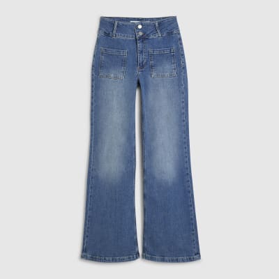 Blue Button Detail Pocket Front Flared Jeans