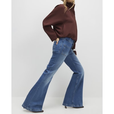 Blue Button Detail Pocket Front Flared Jeans