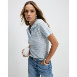 Blue Button Up Boucle Collared Top