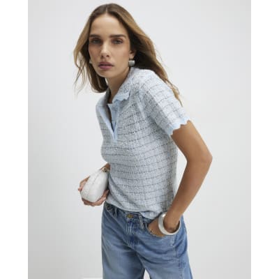 Blue Button Up Boucle Collared Top