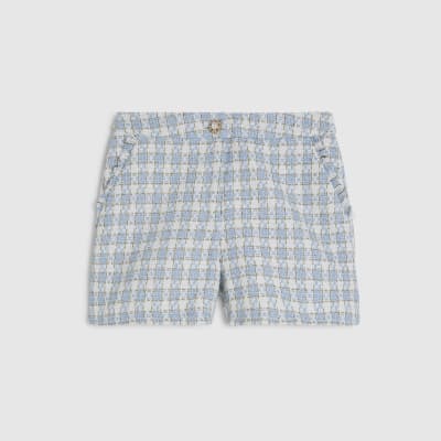 Blue Check Fringe Hem Boucle Shorts
