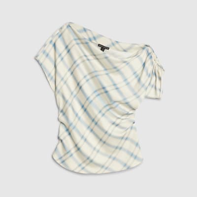 Blue Check Off The Shoulder Top
