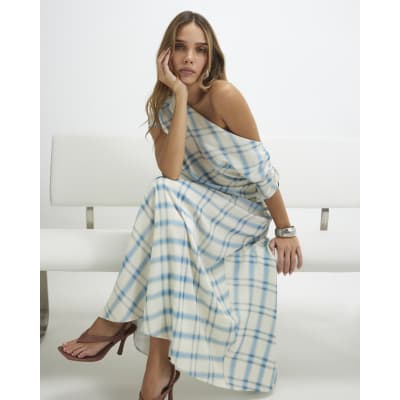 Blue Check Off The Shoulder Top