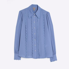 Blue Chiffon Scallop Trim Shirt