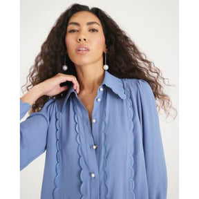 Blue Chiffon Scallop Trim Shirt