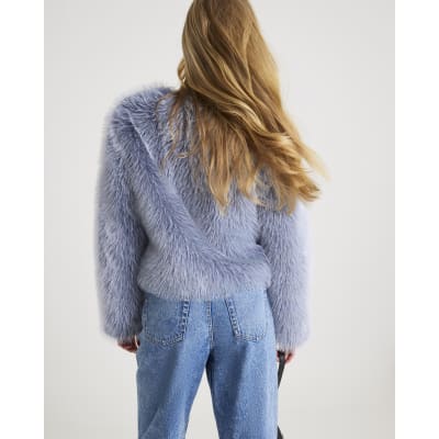 Blue Collarless Faux Fur Coat