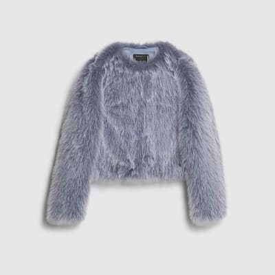 Blue Collarless Faux Fur Coat