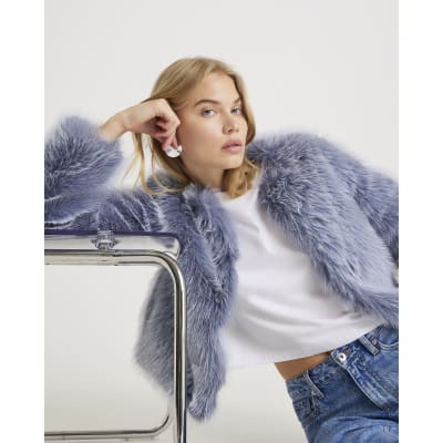 Blue Collarless Faux Fur Coat