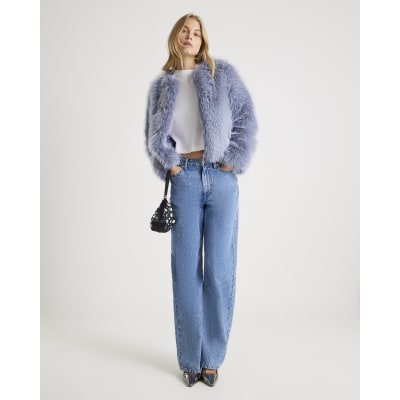 Blue Collarless Faux Fur Coat