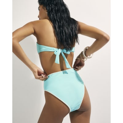 Blue Cornelli Print Bandeau Bikini Top