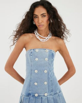 Blue Denim Bandeau Pleated Mini Dress
