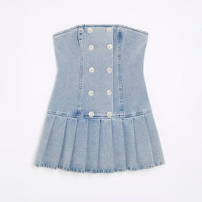 Blue Denim Bandeau Pleated Mini Dress