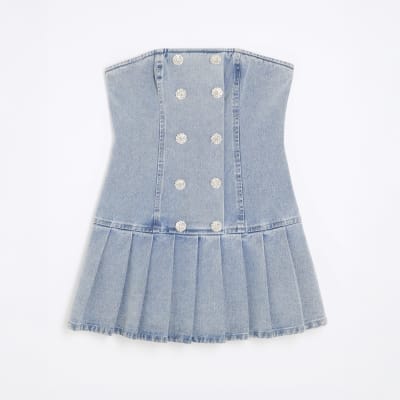 Blue Denim Bandeau Pleated Mini Dress