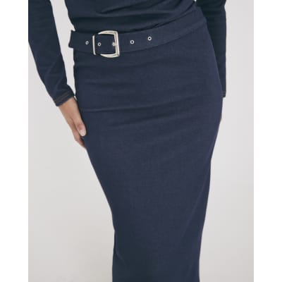 Blue Denim Belted Midi Skirt