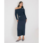 Blue Denim Belted Midi Skirt