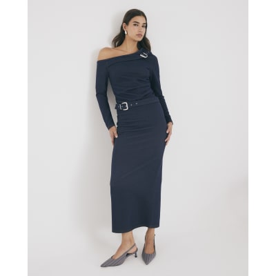 Blue Denim Belted Midi Skirt