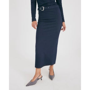 Blue Denim Belted Midi Skirt