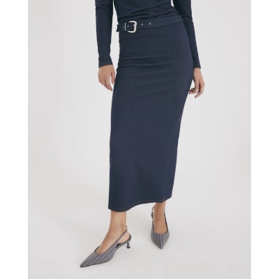 Blue Denim Belted Midi Skirt