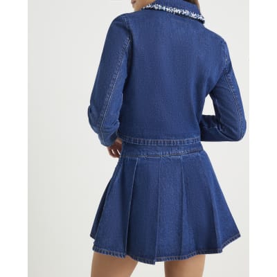 Blue Denim Boucle Trim Pleated Mini Skirt
