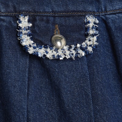 Blue Denim Boucle Trim Pleated Mini Skirt