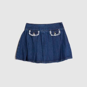 Blue Denim Boucle Trim Pleated Mini Skirt
