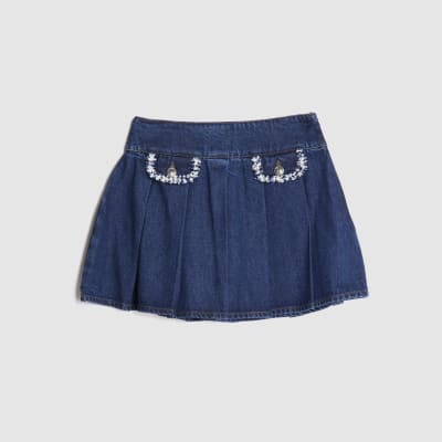 Blue Denim Boucle Trim Pleated Mini Skirt
