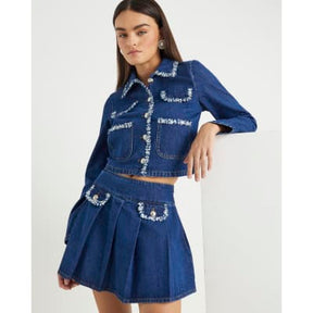 Blue Denim Boucle Trim Pleated Mini Skirt
