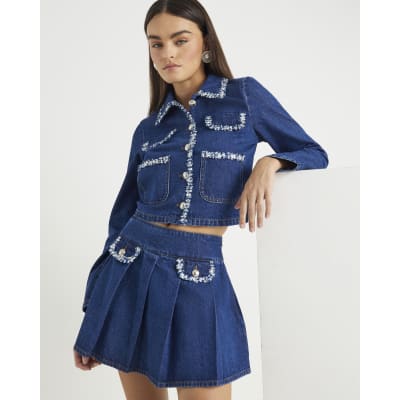 Blue Denim Boucle Trim Pleated Mini Skirt