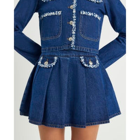 Blue Denim Boucle Trim Pleated Mini Skirt
