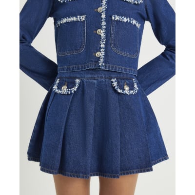 Blue Denim Boucle Trim Pleated Mini Skirt