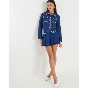 Blue Denim Boucle Trim Pleated Mini Skirt