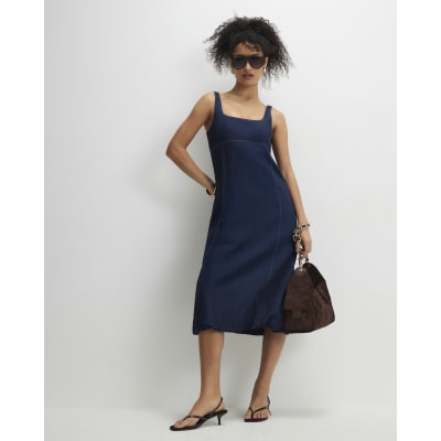 Blue Denim Bubble Hem Midi Dress