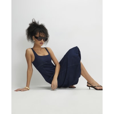Blue Denim Bubble Hem Midi Dress