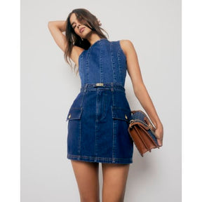 Blue Denim Buckle Belt Mini Skirt