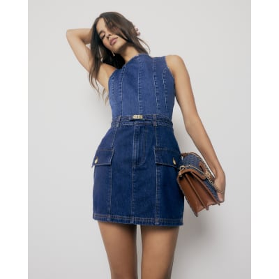 Blue Denim Buckle Belt Mini Skirt