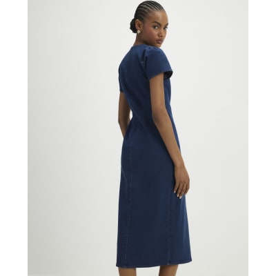 Blue Denim Button Cap Sleeve Midi Dress